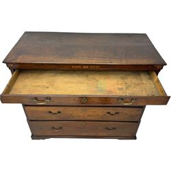 George III oak chest, rectangular top over frieze with inlaid with inscription panels 'Mary Rees' and fan motifs, frieze drawer over two short and three long graduating drawers, fitted with brass swan-neck handles and oval escutcheons, on bracket feet