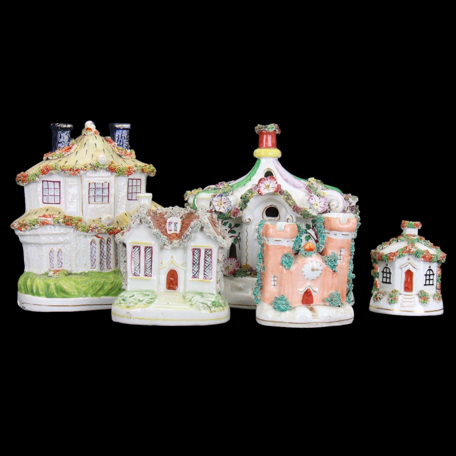 Group of five 19th century Staffordshire pastille burners, modelled as various buildings, largest example H17cm