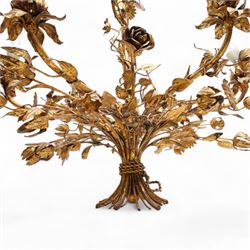 Late 20th century repousse gilt metal work chandelier, five projecting branches, decorated with trailing leafy branches and flower heads 