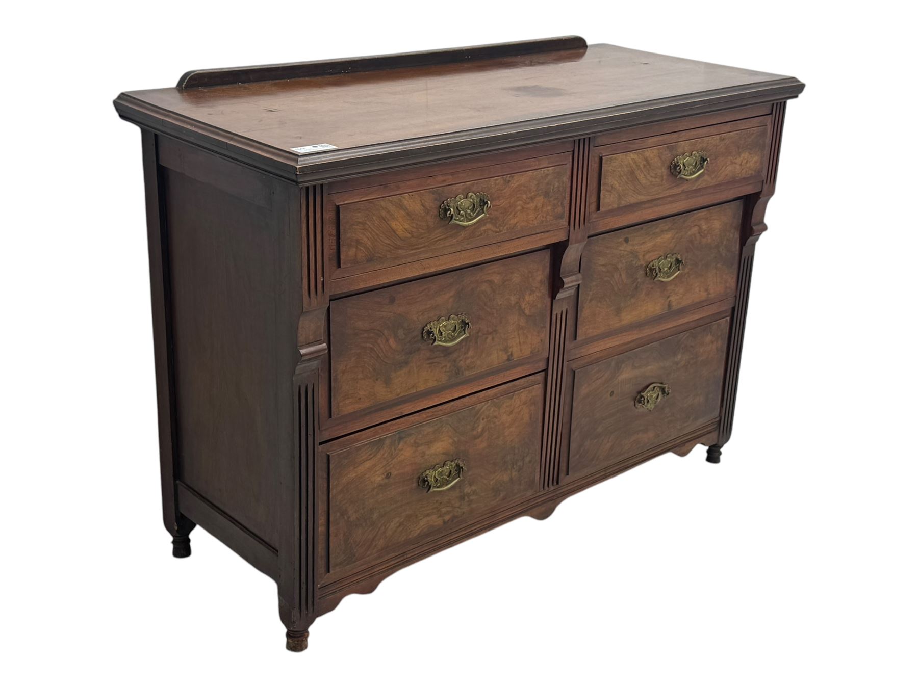 Late Victorian walnut chest, moulded rectangular top over six drawers, fluted uprights 