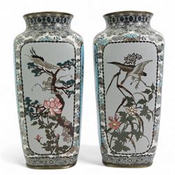 Pair of Japanese Cloisonne vases, of rounded square form, each decorated with four panels depicting birds amongst trees, against turquoise and pale blue/ grey ground, unmarked, H32cm