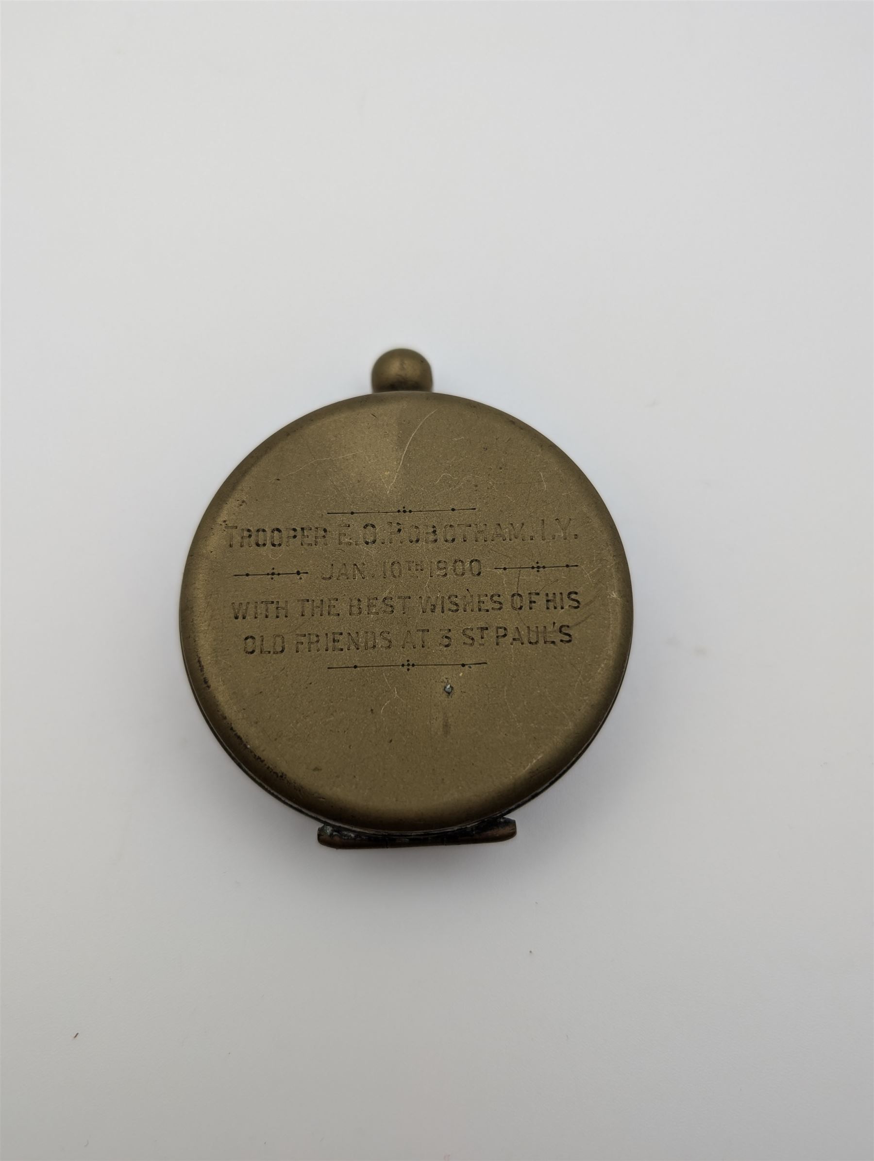 Early 20th century brass pocket compass by Negretti & Zambra, with personal engraving to front cover to 'Trooper E.O Robotham' dated 1900, H7cm