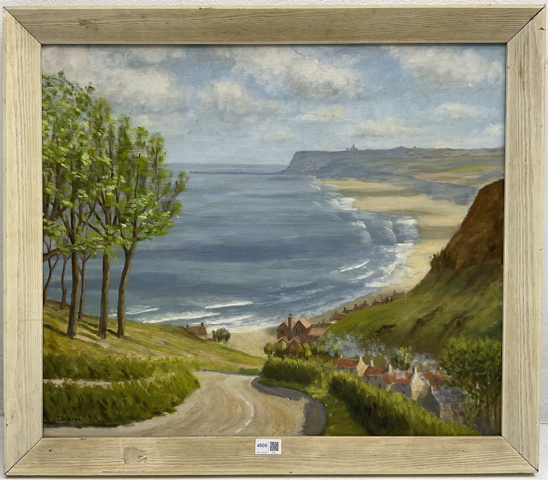 John Burton (Northern British 20th century): 'Lythe Bank Sandsend' Whitby, oil on board signed, artist address label verso 58cm x 68cm