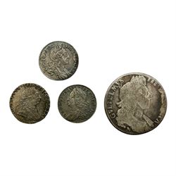 Three silver sixpence coins, dated William III 1696, George II 1758, George III 1787 and W...