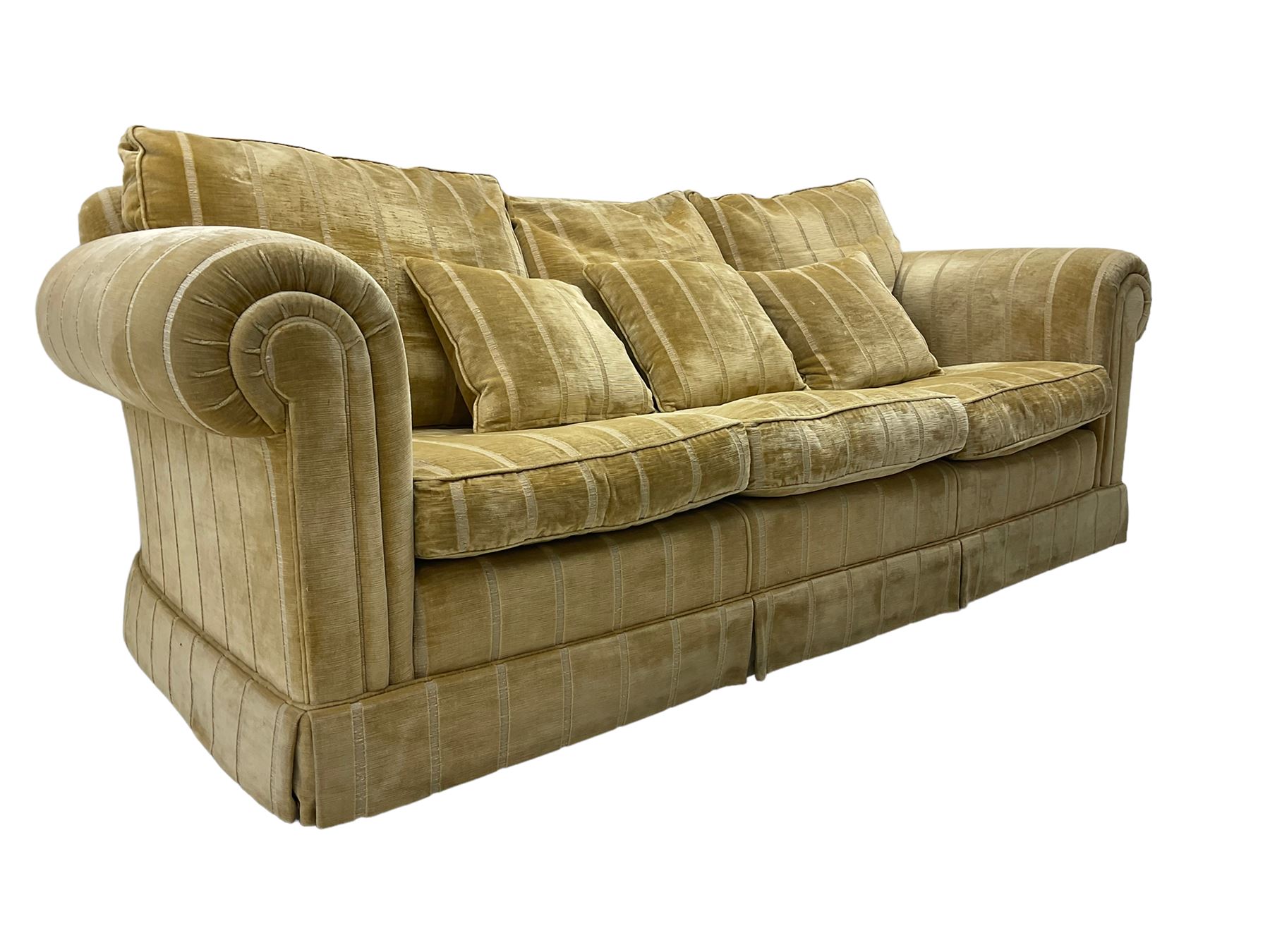 Duresta England - three-seat sofa, upholstered in pale gold fabric, traditional shape with rolled arms