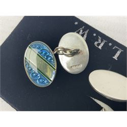 Pair of silver blue enamel cufflinks, hallmarked 