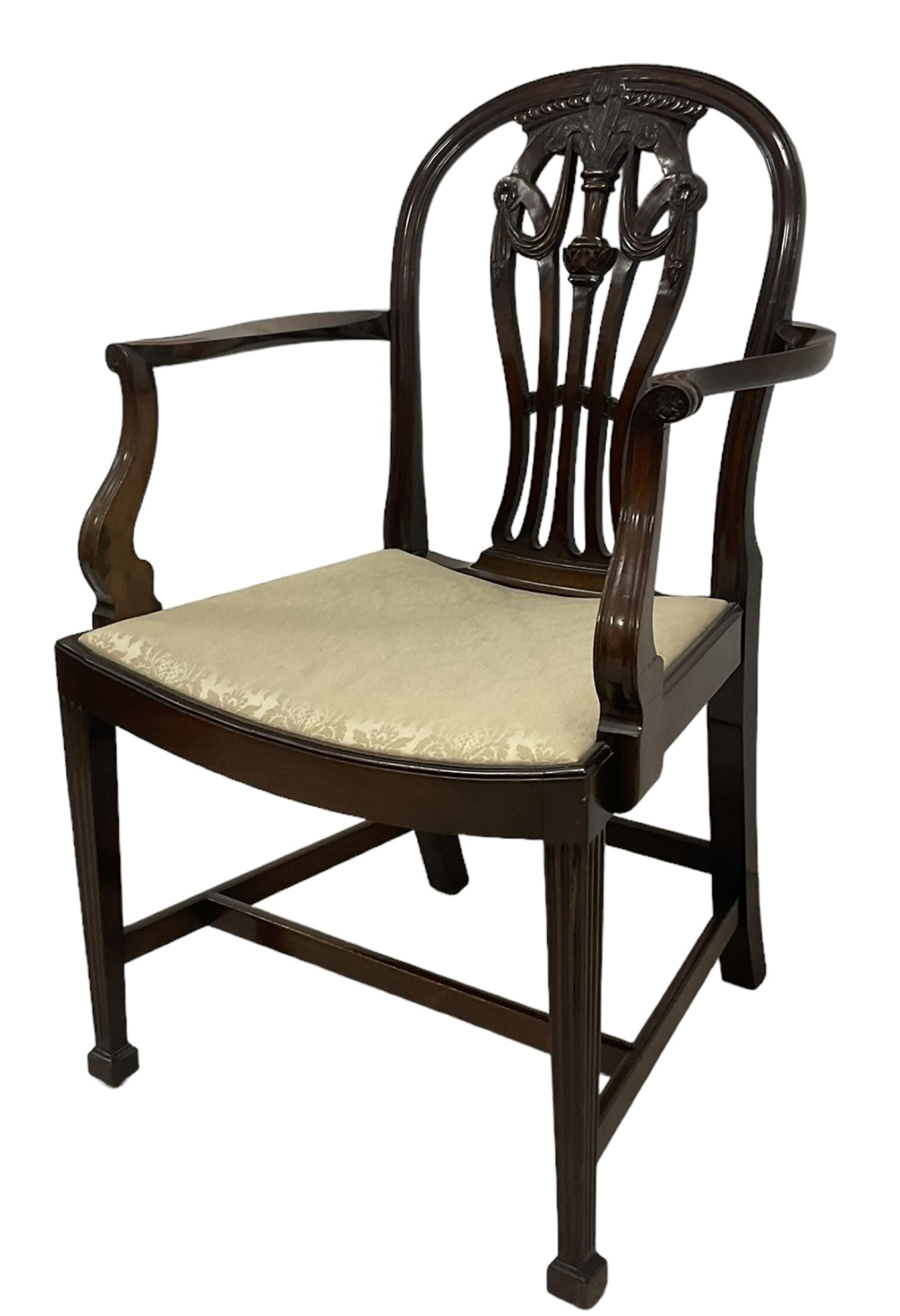 Pair of Georgian design mahogany D-end tables, reeded edge over banded frieze, on square tapering supports; with set of four (3+1) Hepplewhite design mahogany dining chairs, elaborately pierced and carved splat with festoons over dished seat, on fluted supports (W63cm H98cm)