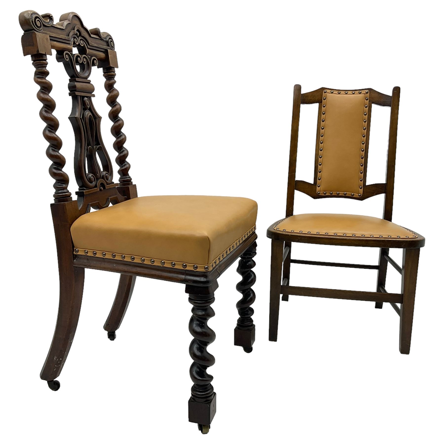 Early 19th century mahogany side chair, the shaped cresting rail with scroll carved ears over shaped and pierced splat with scrolling decoration, enclosed by spiral turned supports, leather upholstered seat, on spiral turned front supports (W45cm); 20th century stained beech framed chair (2)