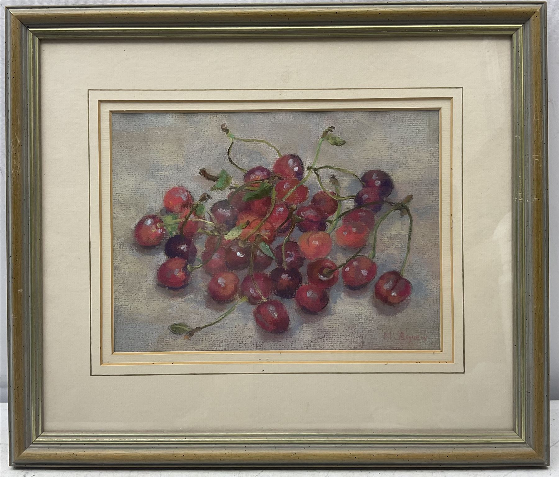 Nancy Agnew (British 20th century): Still Life of Cherries and Figs and Cottage Scene, set three pastels signed max 24cm x 19cm (3)