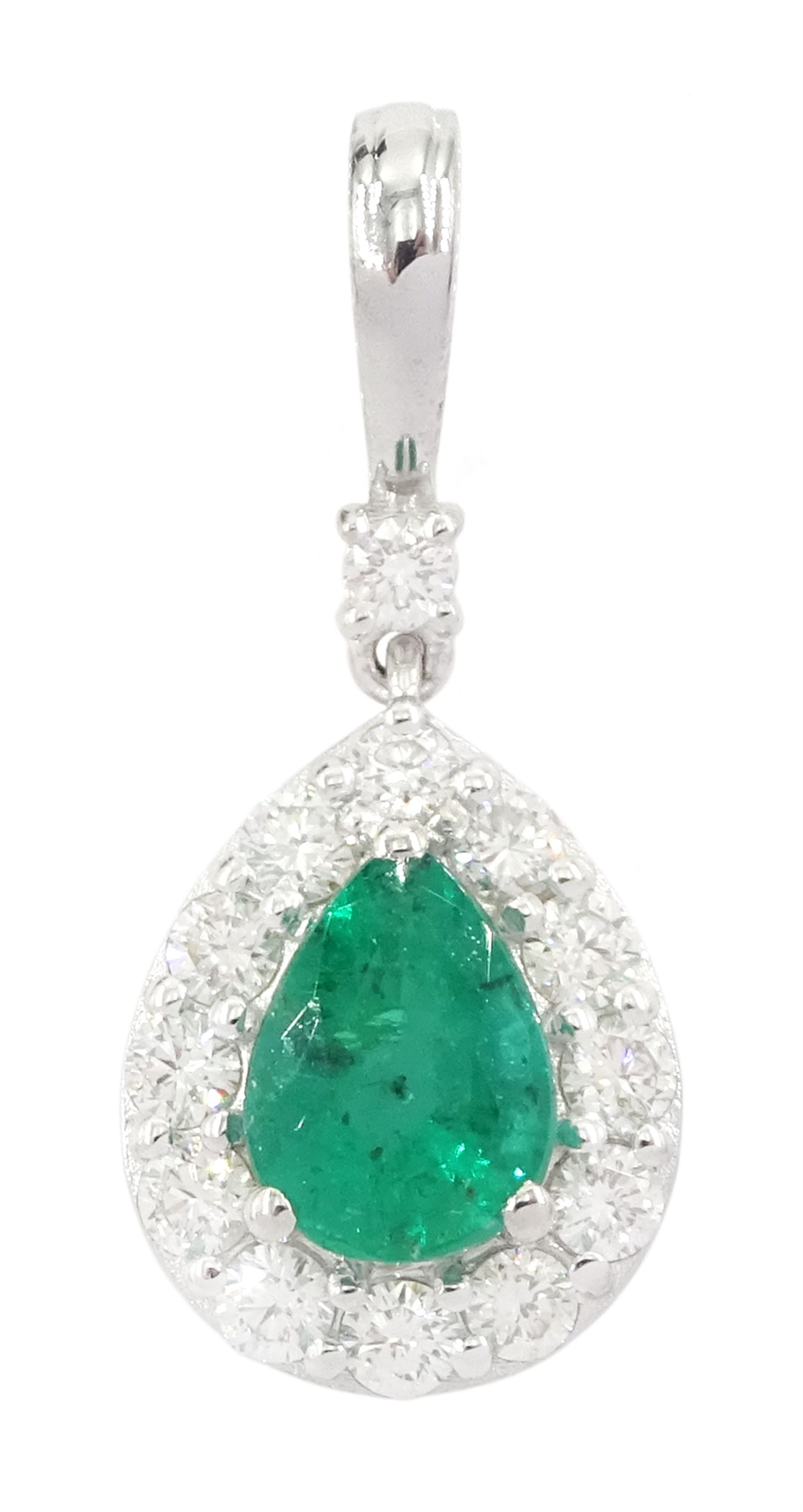 18ct white gold pearl cut emerald and round brilliant cut diamond pendant, stamped 750, emerald 0.86 carat, total diamond weight approx 0.40 carat