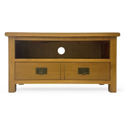 Contemporary light oak television stand, rectangular top above an open media compartment a...