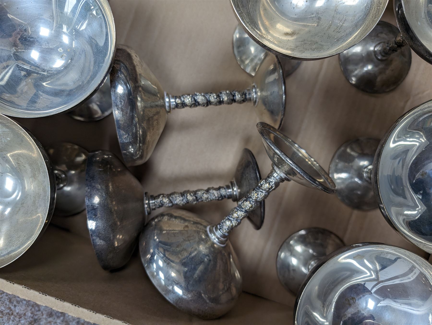 Twelve Spanish silver plated goblets