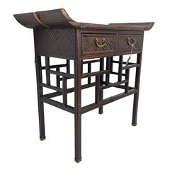 Chinese design bamboo and wood altar side table, parquetry lattice-work bamboo, fitted with two drawers over geometric rails