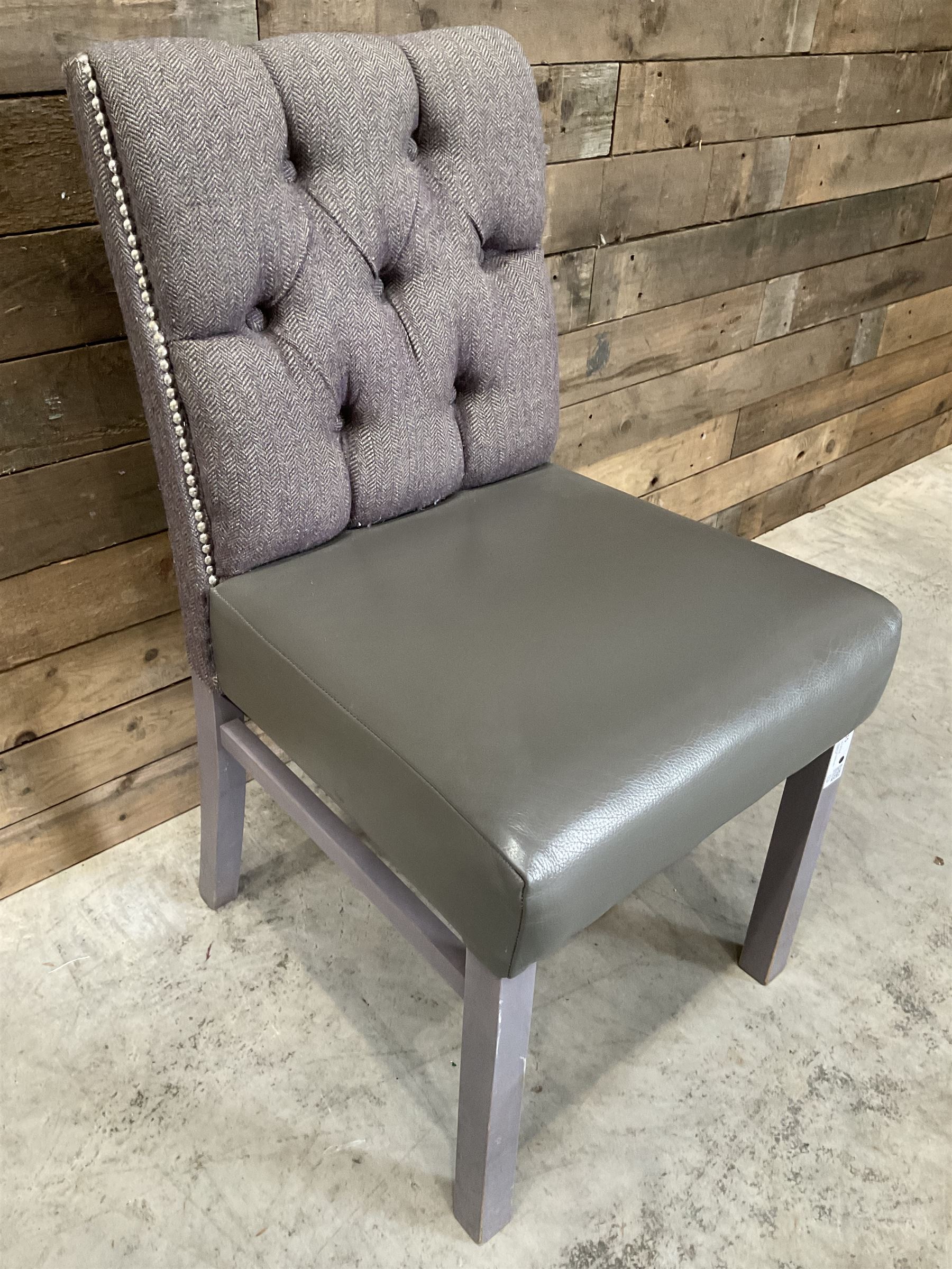 19 x dining chair upholstered in studded and buttoned tweed, painted leg