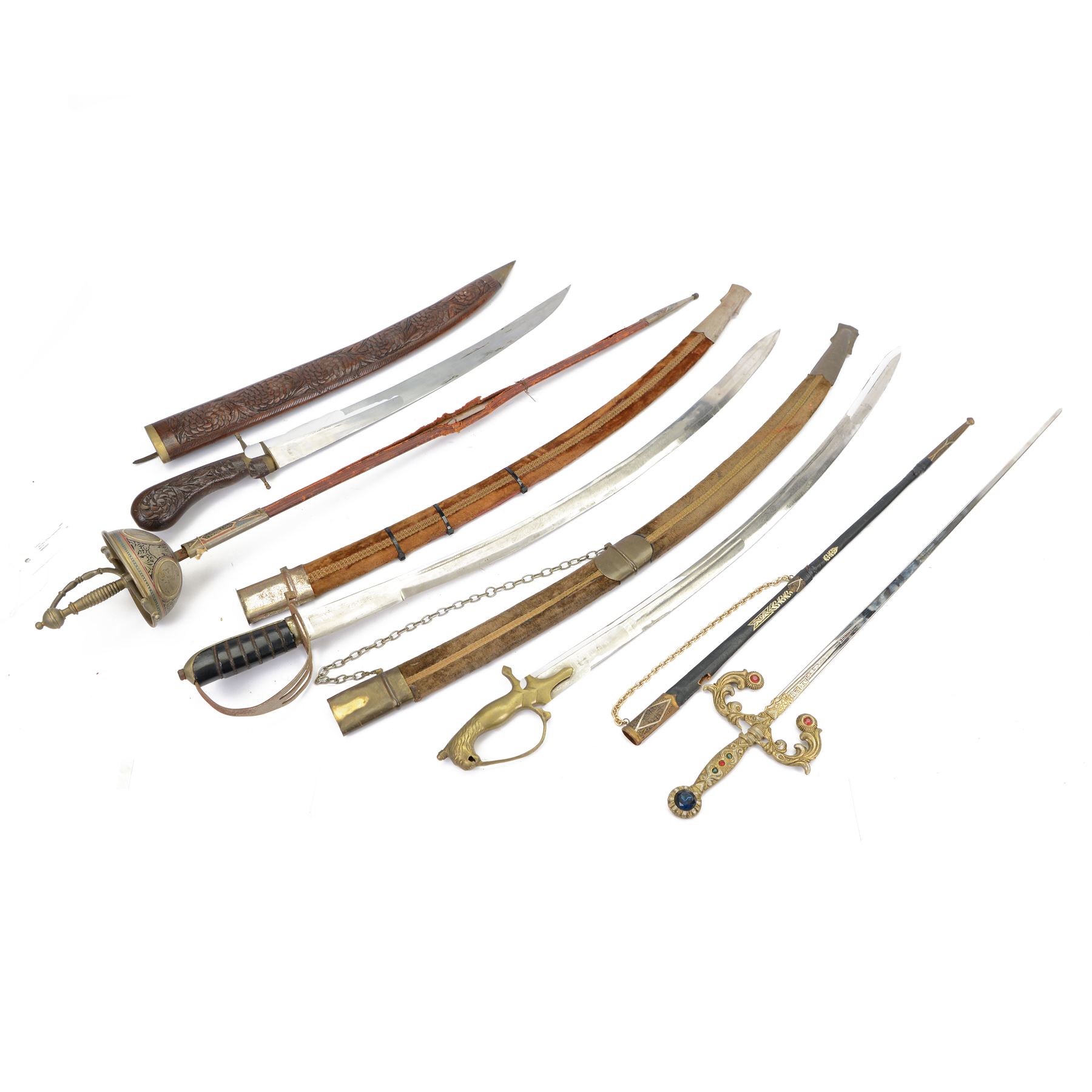 Five reproduction swords, including court swords, Saifs etc  