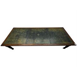 Large 10' 7'' late Victorian oak boardroom table, moulded rectangular top with inset green leather surface, on turned and reed moulded supports with brass and ceramic castors 