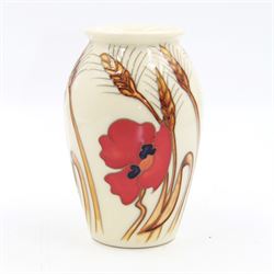Moorcroft vase, decorated in Harvest Poppy pattern on white ground, H14cm