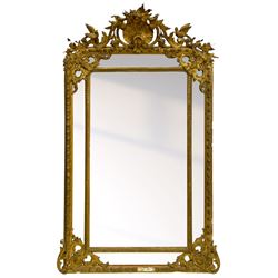 19th century giltwood and gesso pier mirror, shell cartouche pediment decorated with flower heads and scrolling foliage, two bird motifs to each side, egg and dart moulded frame with beaded inner slip, plain mirror plate, each corner mounted by scrolled acanthus leaves and cartouches