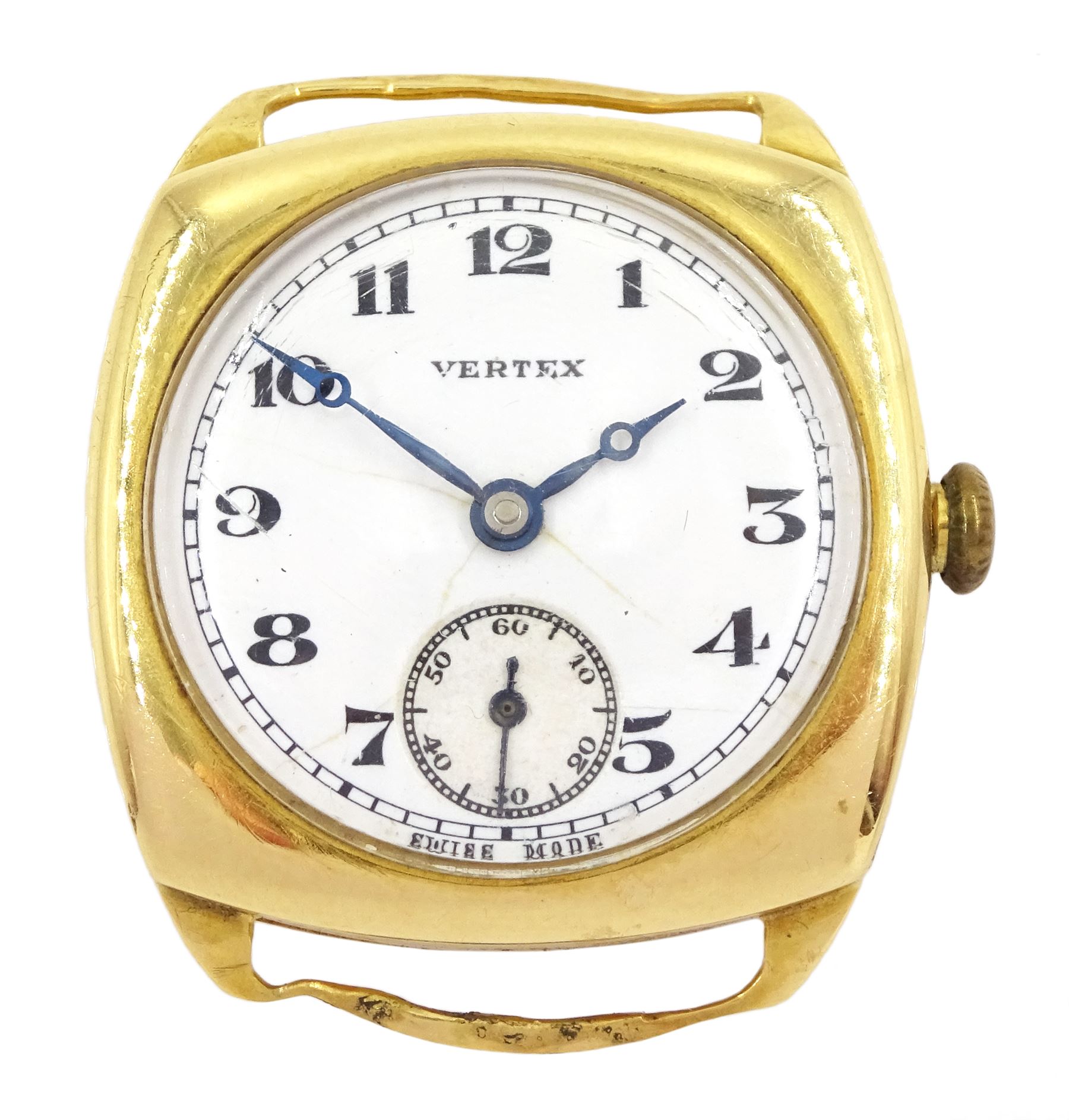 Vertex Supreme gentleman's 18ct gold manual wind presentation wristwatch, white enamel dial with Arabic numerals and subsidiary seconds dial, Birmingham 1938