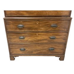 Early 19th century mahogany chest-on-chest, projecting cornice over banded frieze, fitted with two short over six long graduating cock-beaded drawers with bone and timber escutcheons, on bracket feet