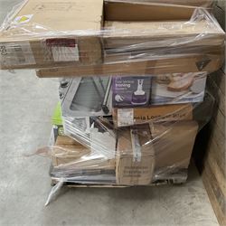 Four pallets of domestic goods to include, cleaning equipment, vacuums, exercise equipment, cooking items, Brother printer, garden loungers, irons and more… approx. 60 items