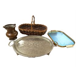 Large twin handled silver plated tray, copper vase with brass handle, wicker basket and one other tray