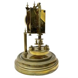 Gustav Becker - German torsion clock, serial No 2086578, on a circular brass base with a glass dome, silvered dial with Arabic numerals and steel spade hands, circular oscillating pendulum, torsion spring intact.