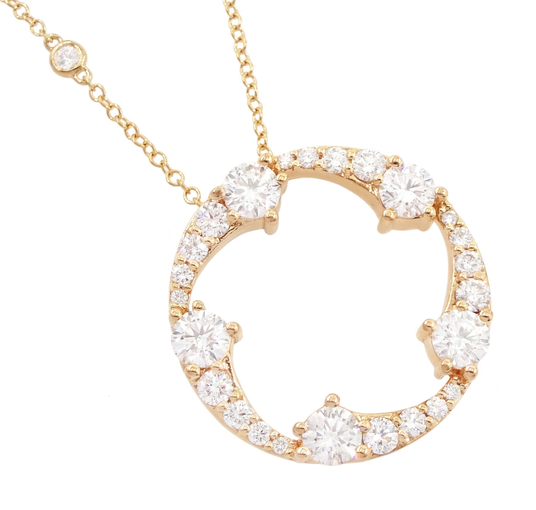 Berry's 'OPEIA' 18ct rose gold round brilliant cut diamond large circular pendant, stamped 750, on 18ct rose gold rubover set nine stone round brilliant cut diamond chain necklace, London 2021, total diamond weight approx 2.15 carat