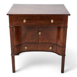 George III mahogany concave side cabinet, rectangular protruding top over a single drawer, the recessed concave body fitted with a double cupboard and single drawer, lower moulded edge on square supports