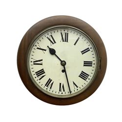 English - early 20th century mahogany cased 8-day fusee wall clock, with a  9”  painted dial ,spun bezel and flat glass,  Roman numerals, minute markers and steel spade hands, wire driven fusee, with pendulum.