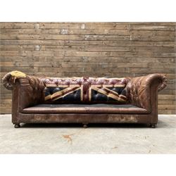 Chesterfield two sofa upholstered in brown leather, with Union Jack pattern, no seat cushi...