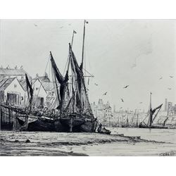 Jack Rigg (British 1927-2023): 'Laid Up' - Sailing Barges on the Thames, monochrome pen and ink signed and dated 1977, titled verso 59cm x 75cm