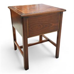 Georgian design mahogany bedside lamp table, square moulded top over two drawers, on square moulded supports united by H stretchers 