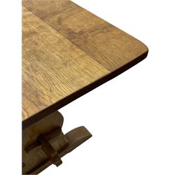 Gnomeman - oak dining table, rectangular adzed top, shaped end supports on sledge feet united by pegged stretcher, by Thomas Whittaker, Littlebeck, Whitby 