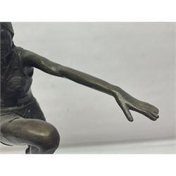 Art Deco style bronze, after Philipp, modelled as a dancer with her arms outstretched and one leg raised, on a veined marble tapering base signed Philipp and with foundry seal, H58cm