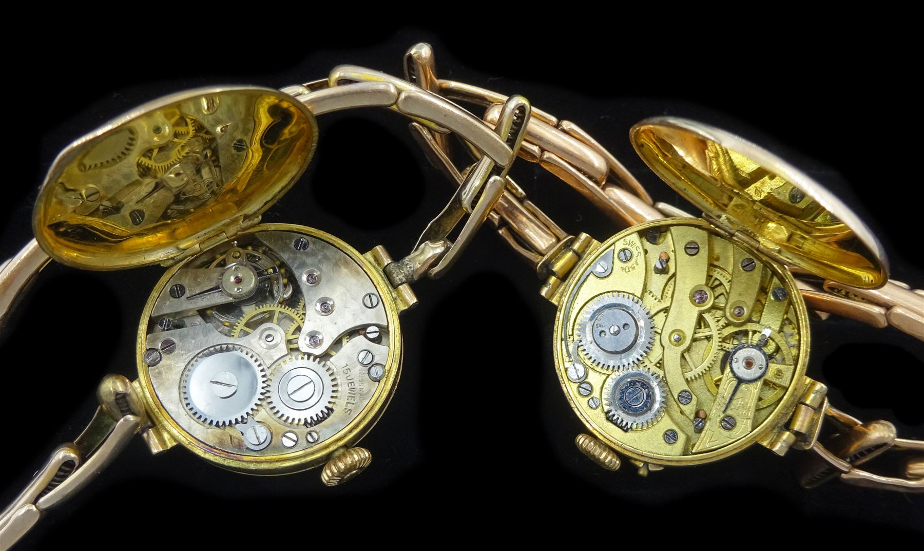 Two early 20th century 9ct gold manual wind wristwatches, hallmarked, on 9ct gold expanding straps and three silver fob watches, one by American Watch Company