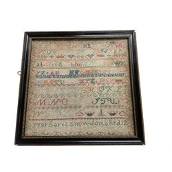 Victorian needlework sampler, the alphabet by Margret Snowdon age 12, H38cm, W40cm