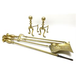 Set of three brass long-handled fire tools, the tongs with Art Nouveau mounts; and a pair of brass fire-dogs with spherical terminals (5)