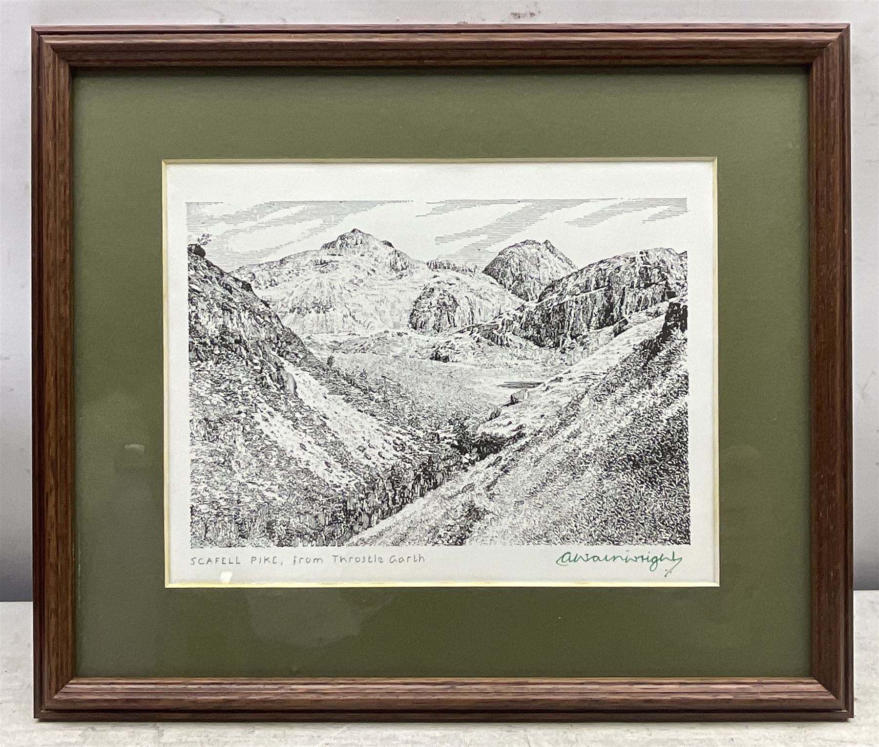 Alfred Wainwright MBE (British 1907-1991): 'Ingleborough' 'Bowfell - from Lingmoor Fell' 'Bolton Abbey' and 'Scafell Pike - from Throsle Garth', four monochrome prints each signed in pen by the artist max 18cm x 23cm (4)