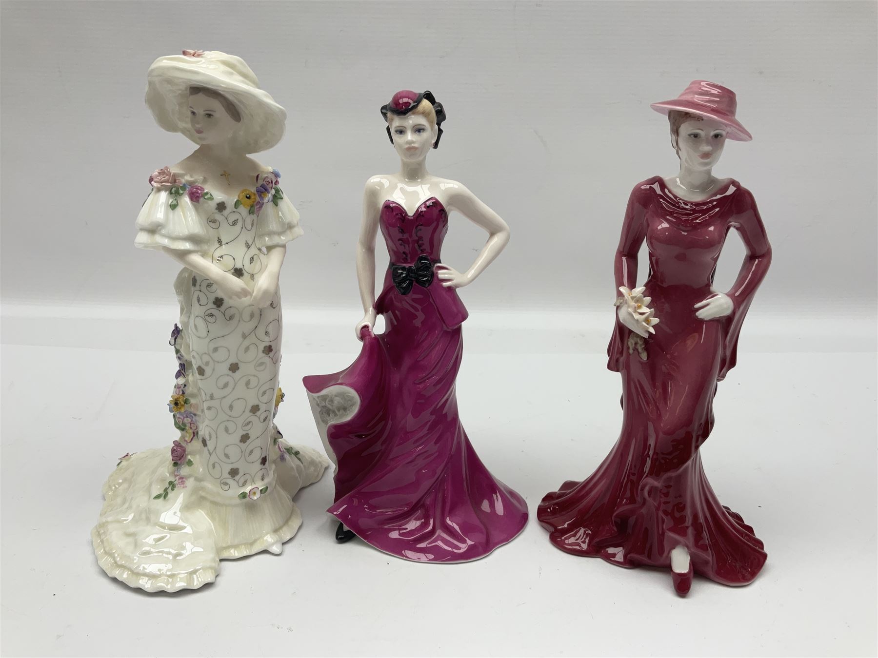 Nine Coalport figures, including Age of Elegance Evening Promenade, The Lovely Lady Christabel and Ladies of Fashion Pamela, together with eight miniature Coalport figures