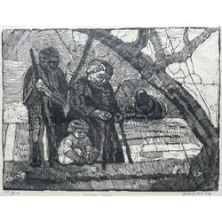 Continental School (20th Century): Mourning Family, limited edition woodblock print indistinctly signed and titled, dated '57 and numbered 7/50 in pencil 32cm x 41cm 