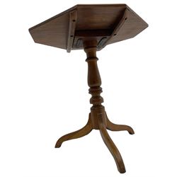 19th century walnut tripod table, square canted tilt-top with chamfered edge, turned pedestal with three splayed supports