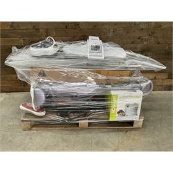 Four pallets of domestic goods to include, cleaning equipment, vacuums, exercise equipment, cooking items, Brother printer, garden loungers, irons and more… approx. 60 items