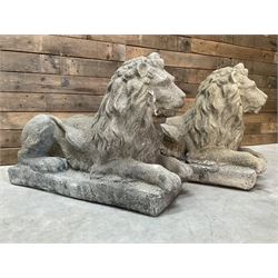 Pair of large cast stone Langport recumbent garden lions, rectangular plinth base