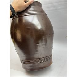 Salt glazed stoneware barrel together with a glass carboy, carboy H54cm  