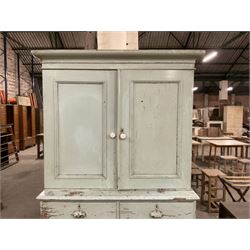 19th century pale blue painted pine housekeepers cupboard, double panelled cupboard enclosing two shelves over two short and three long drawers, on turned feet - THIS LOT IS TO BE COLLECTED BY APPOINTMENT FROM THE OLD BUFFER DEPOT, MELBOURNE PLACE, SOWERBY, THIRSK, YO7 1QY