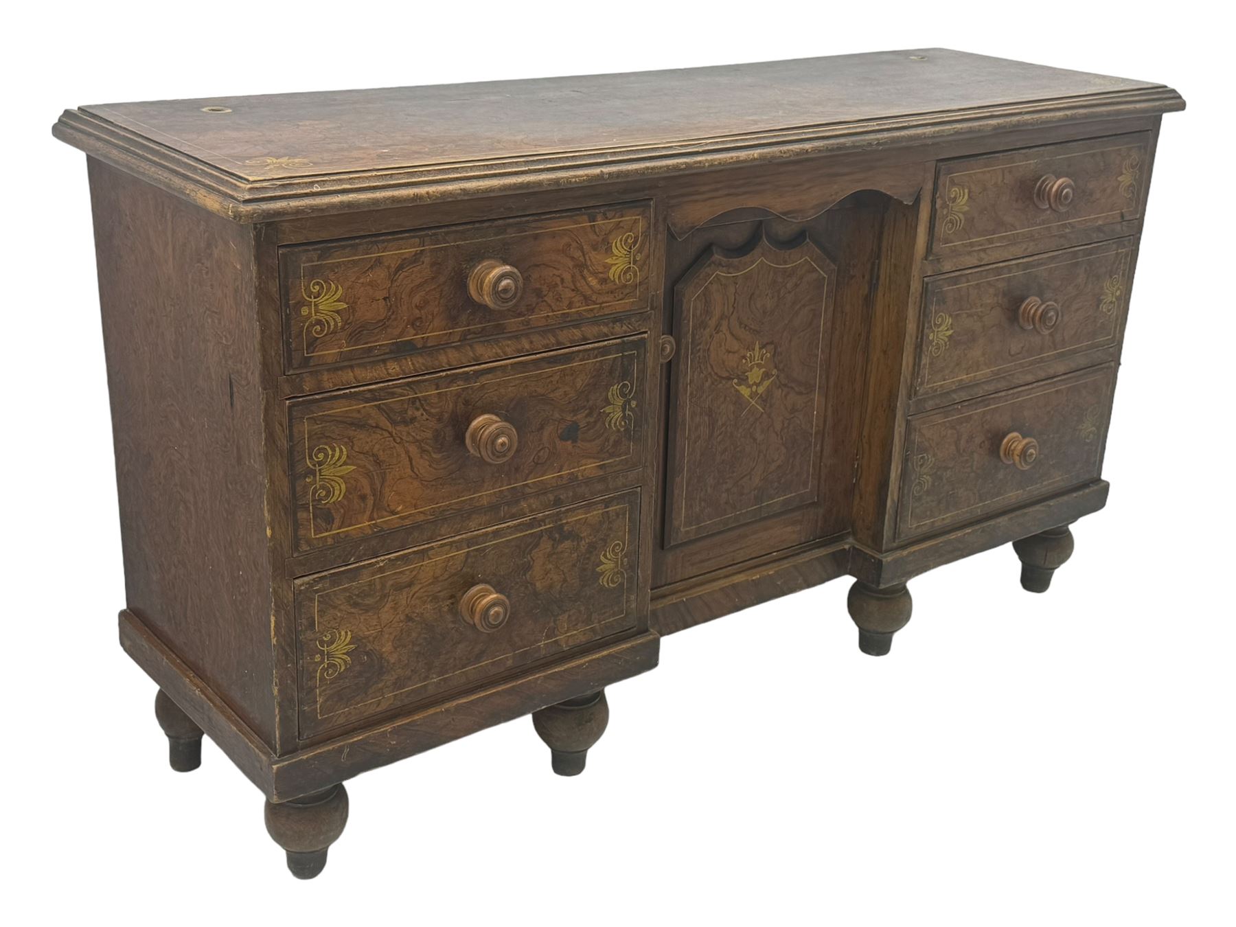 Victorian walnut scumbled pine sideboard, stepped rectangular top over central cupboard with marquetry inlay, flanked by two banks of three drawers fitted with round wooden knobs, raised on turned bun supports