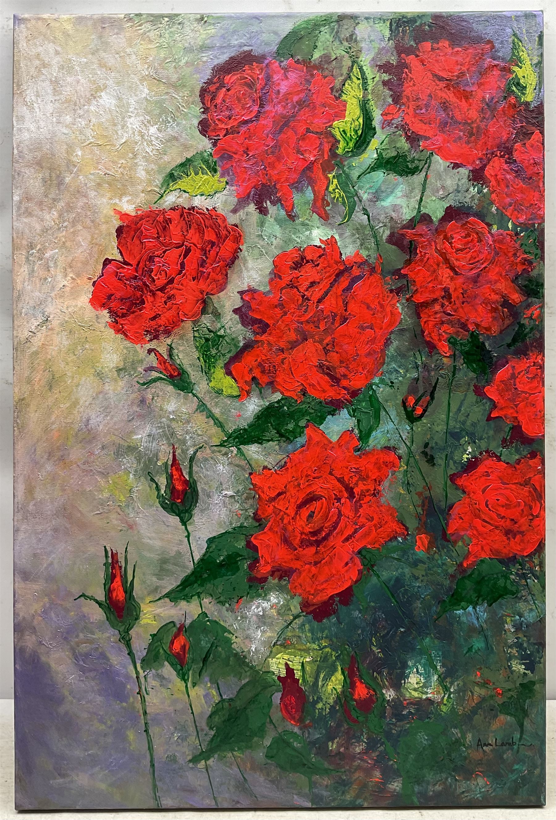 Ann Lamb (British 1955-): Ruby Roses, mixed media on canvas signed 76cm x 51cm 