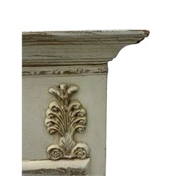 French style white painted pier glass mirror, decorated with scrolled acanthus leaf and anthemion mounts, bevelled mirror plate 