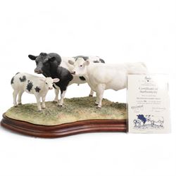 Border Fine Arts 'Belgian Blue Family Group' by Kirsty Armstrong, limited edition 831/1250 with wood base, boxed and with certificate 